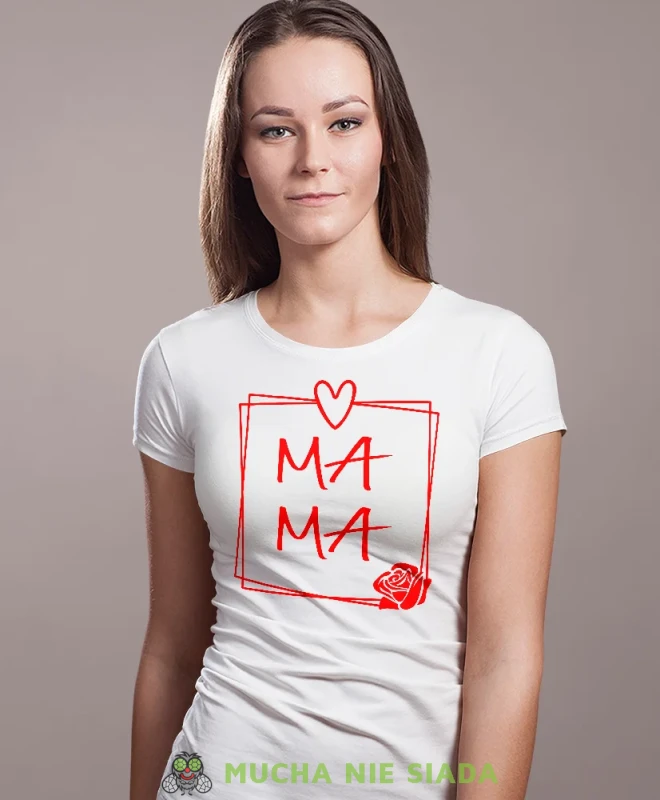 Mama róża, biała koszulka dla mamy, prezent dla mamy, koszulki na dzień matki, koszulki z hasłem dla mamy, personalizowana koszulka dla mamy, oryginalne koszulki na dzień matki, t-shirt dla mamy, mucha nie siada.webp