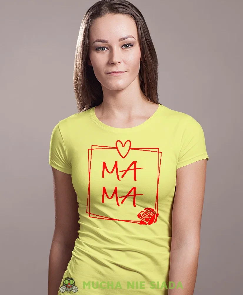 Mama róża, żółta koszulka dla mamy, prezent dla mamy, koszulki na dzień matki, koszulki z hasłem dla mamy, personalizowana koszulka dla mamy, oryginalne koszulki na dzień matki, t-shirt dla mamy, mucha nie siada.webp