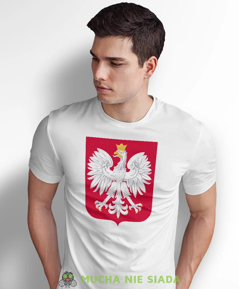 Godło Polski, biała męska koszulka z nadrukiem, koszulka patriotyczna, koszulki z grafiką patriotyczną, dla mężczyzny, koszulki patriotyczne, koszulka Polska, koszulki Polska.jpg