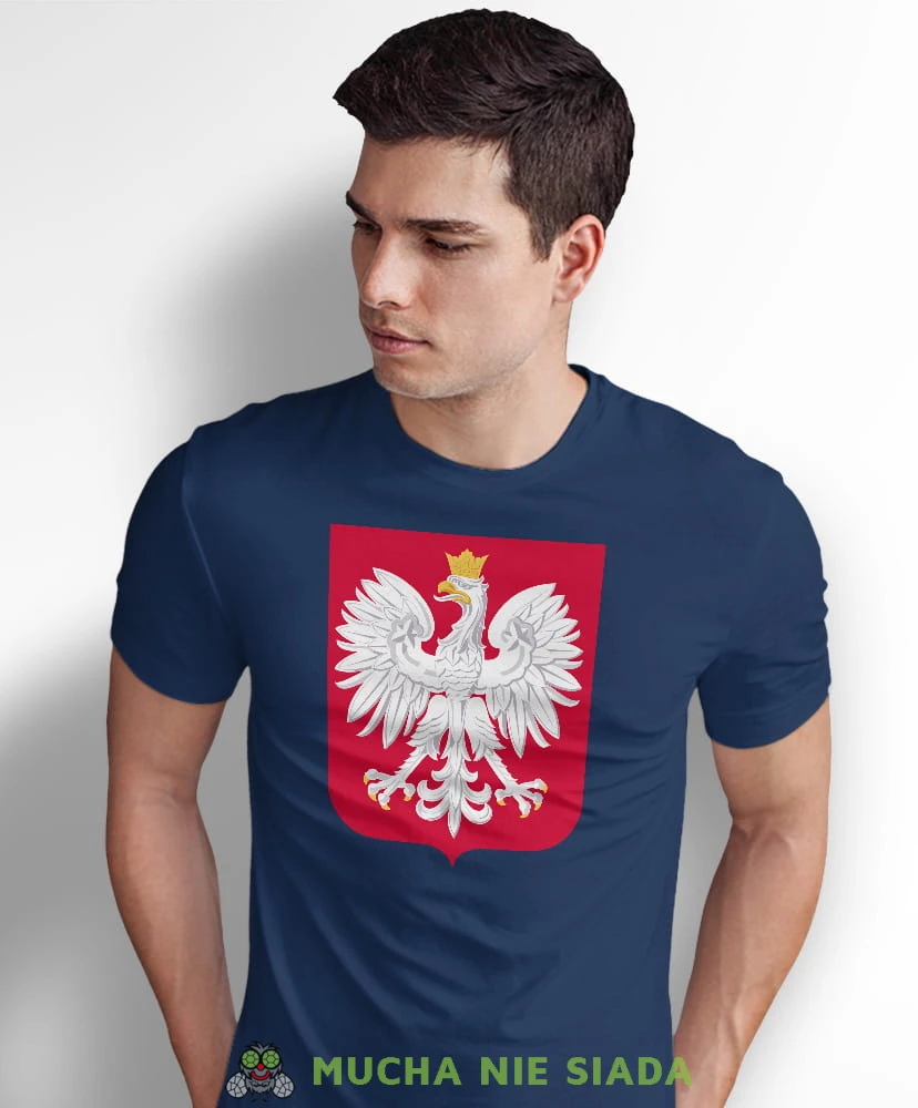 Godło Polski, granatowa męska koszulka z nadrukiem, koszulka patriotyczna, koszulki z grafiką patriotyczną, dla mężczyzny, koszulki patriotyczne, koszulka Polska, koszulki Polska.jpg