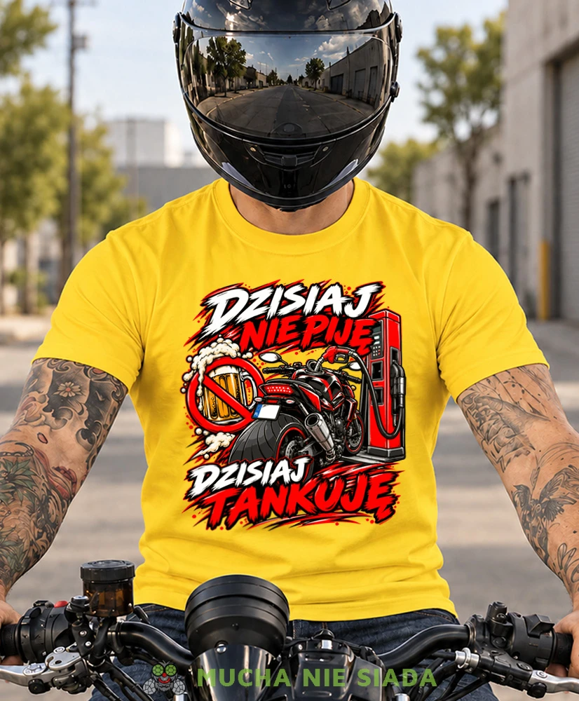 Żółta koszulka motocyklowa Dzisiaj Nie Piję Dzisiaj Tankuję, koszulka dla fana motocykli