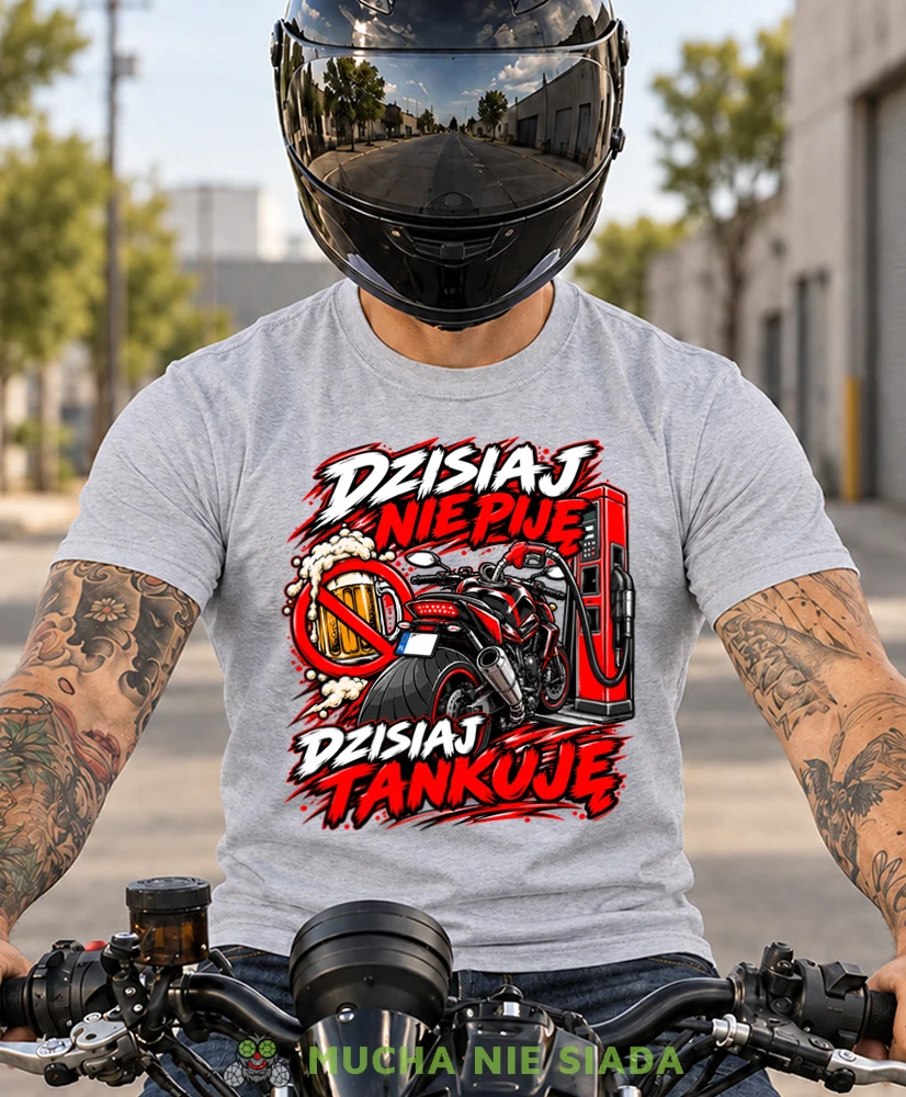 Szary melanż koszulka motocyklowa Dzisiaj Nie Piję Dzisiaj Tankuję, odzież dla motocyklisty MNS