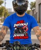 Niebieska koszulka motocyklowa Nie Dotykaj Jeszcze Spłacam, zabawny prezent dla motocyklisty