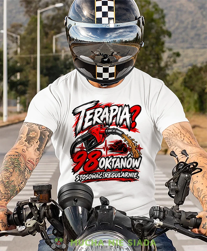 Biała koszulka motocyklowa Terapia 98 Oktanów, prezent dla motocyklisty, koszulka moto MNS