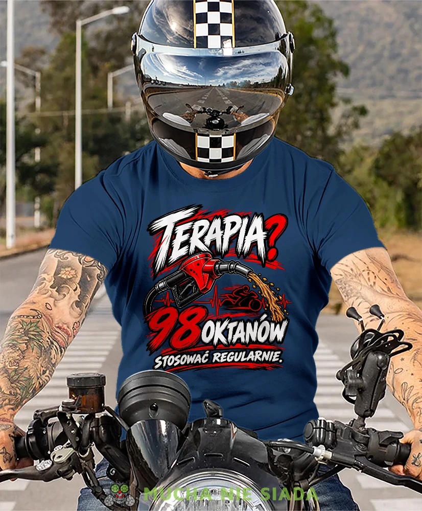 Granatowa koszulka motocyklowa Terapia 98 Oktanów, odzież motocyklowa dla fana motocykli
