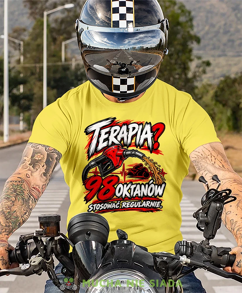 Żółta koszulka motocyklowa Terapia 98 Oktanów, oryginalna koszulka dla fana motocykli
