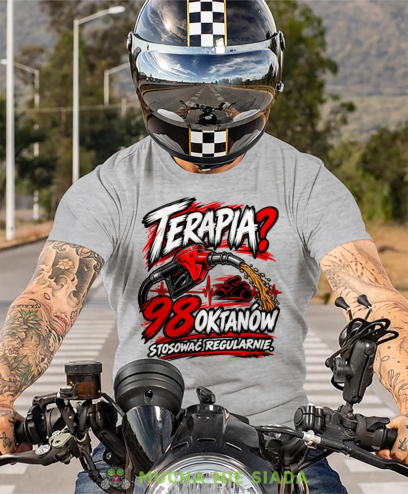 Szara melanż koszulka motocyklowa Terapia 98 Oktanów, prezent dla motocyklisty, MNS
