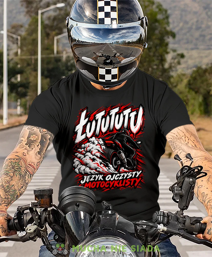 Czarna koszulka motocyklowa ŁUTUTUTU Język Ojczysty Motocyklisty, koszulka dla motocyklisty, Mucha Nie Siada