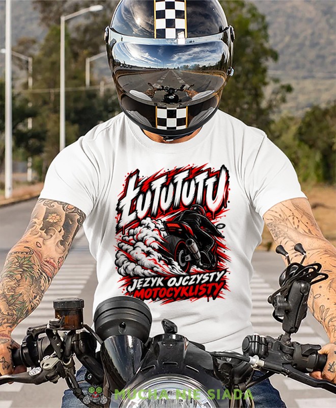 Biała koszulka motocyklowa ŁUTUTUTU Język Ojczysty Motocyklisty, prezent dla motocyklisty, koszulka moto