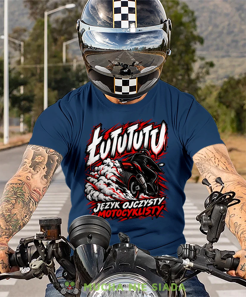 Granatowa koszulka motocyklowa ŁUTUTUTU, Język Ojczysty Motocyklisty, odzież motocyklowa MNS