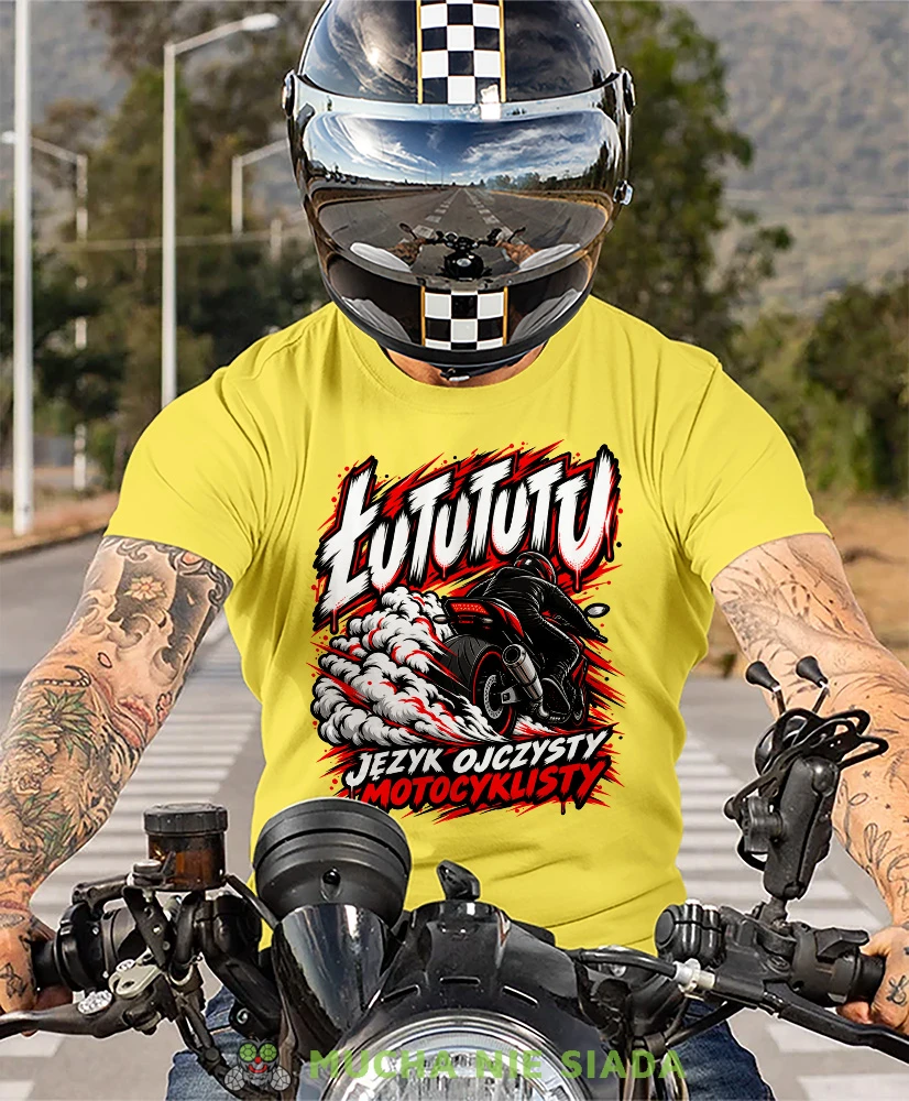 Żółta koszulka motocyklowa ŁUTUTUTU, koszulka dla fana motocykli, prezent dla motocyklisty
