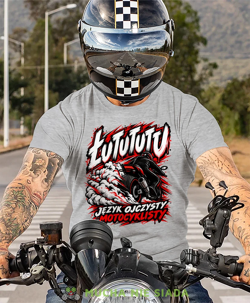 Szara melanż koszulka motocyklowa ŁUTUTUTU Język Ojczysty Motocyklisty, odzież motocyklowa MNS