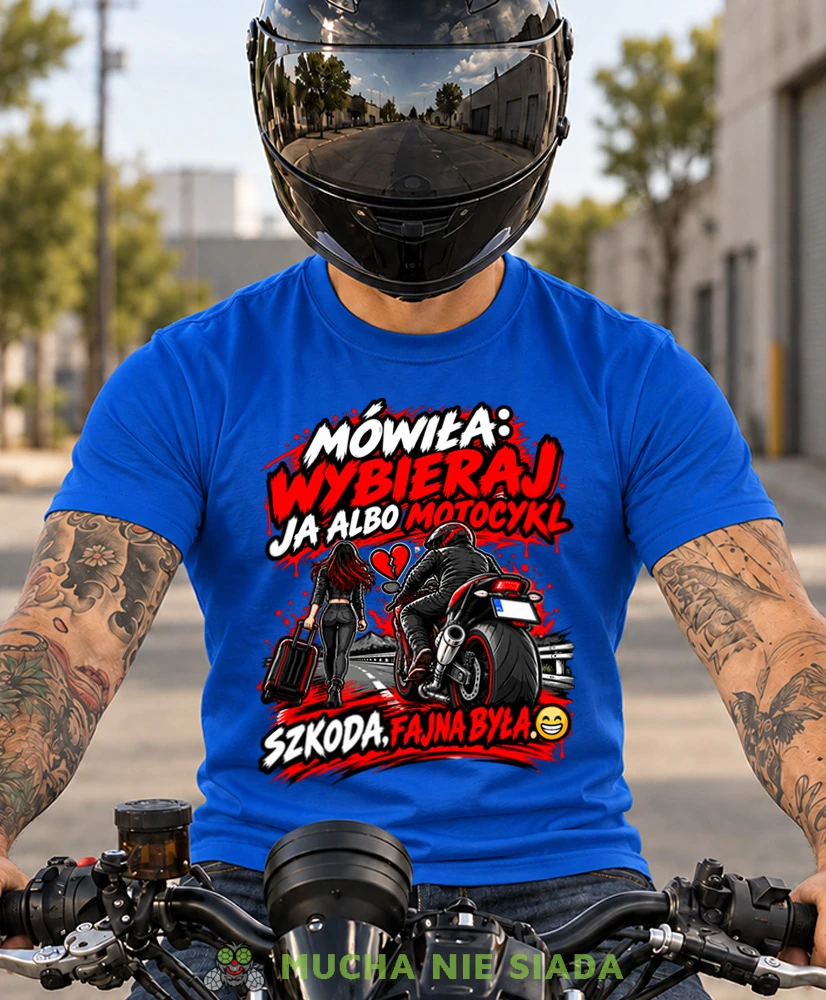 Niebieska koszulka motocyklowa Ja Albo Motocykl, Szkoda Fajna Była, prezent moto