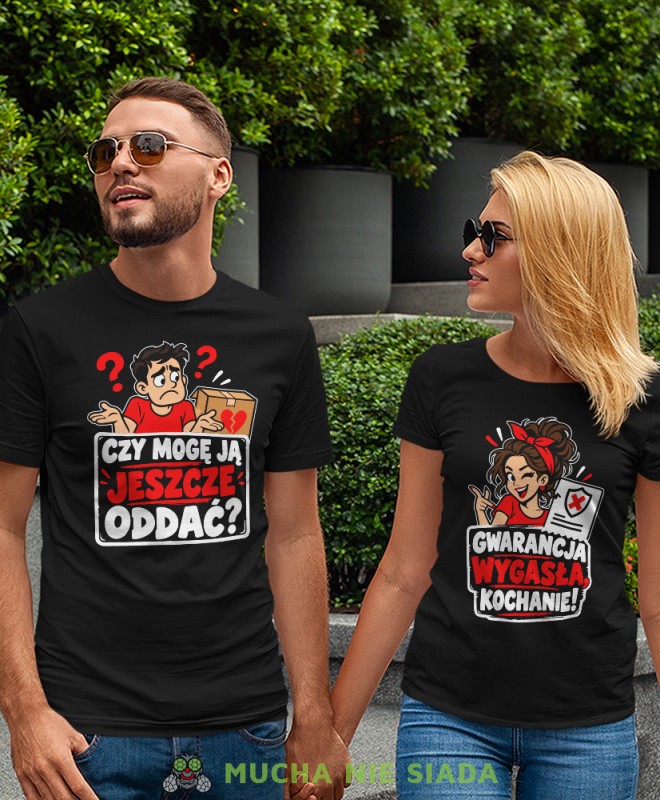 Czarne koszulki dla par Czy mogę ją jeszcze oddać Gwarancja wygasła kochanie, śmieszny komplet dla małżeństwa, prezent na rocznicę ślubu.
