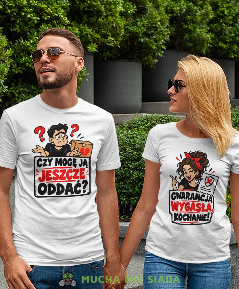 Białe koszulki dla par z zabawnym nadrukiem Gwarancja wygasła, humorystyczne koszulki dla męża i żony, prezent dla zakochanych z poczuciem humoru.