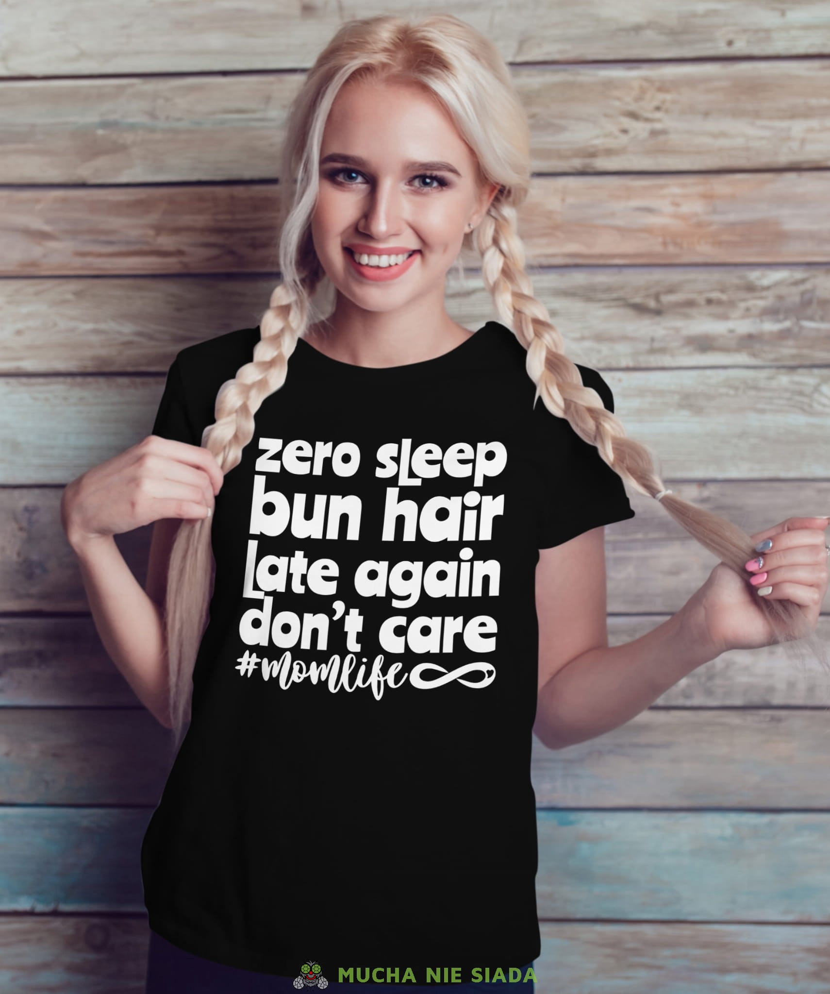 Zero sleep bun hair late again don't care mom life