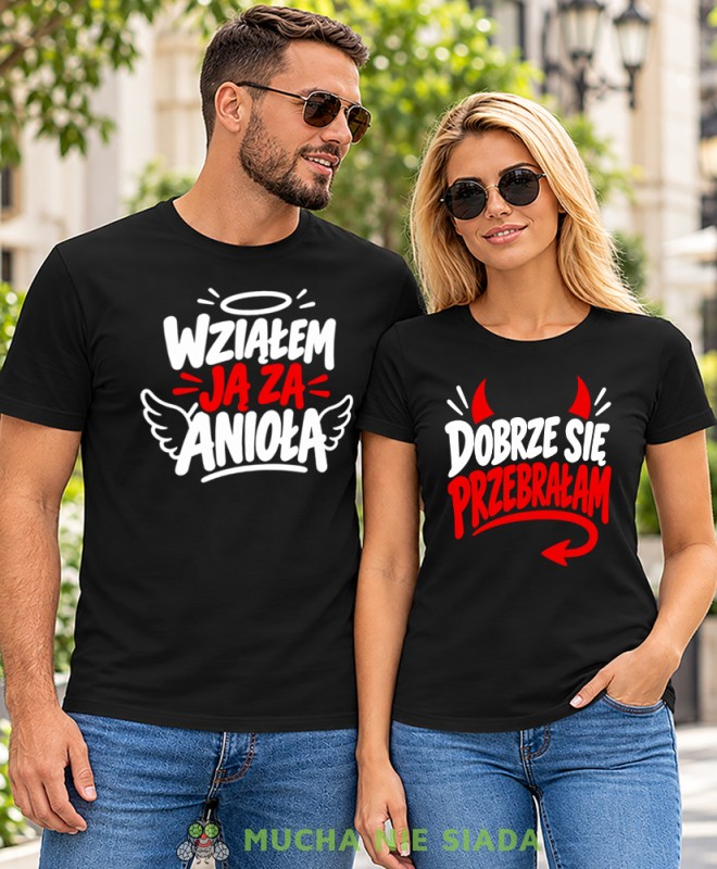 Czarne koszulki dla par Wziąłem ją za anioła Dobrze się przebrałam, koszulki dla zakochanych anioł i diabeł, śmieszny prezent na walentynki.
