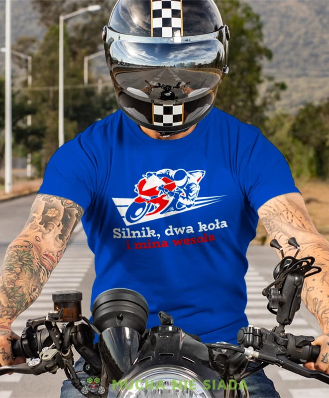 silnik dwa koła i mina wesoła, niebieska koszulka motocyklowa, motocykl, motocyklista.jpg