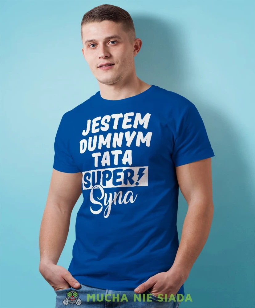 Jestem dumnym tatą super syna - koszulka dla taty niebieska