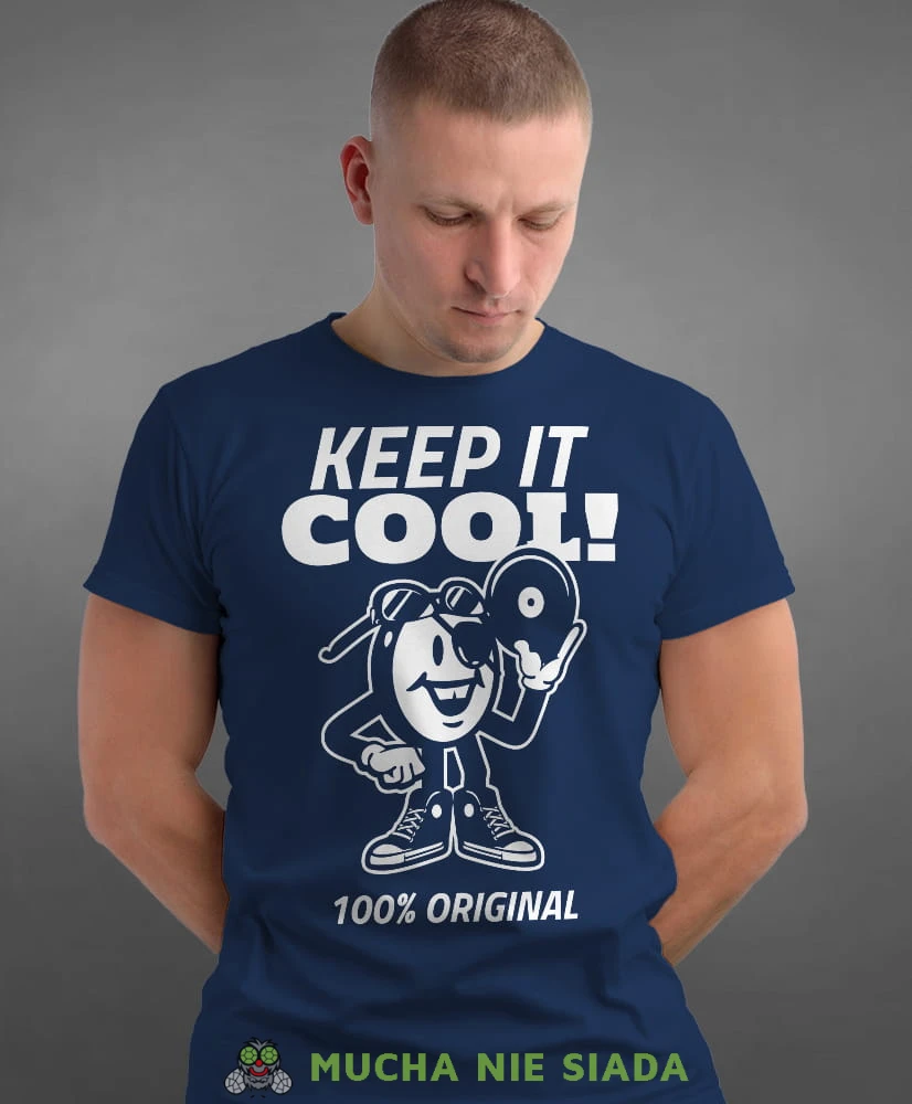keep it cool, granatowa męska koszulka z nadrukiem na co dzień, na prezent, fajna koszulka.jpg