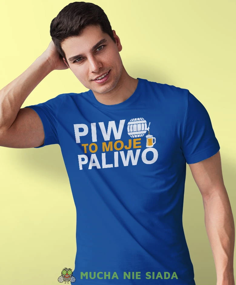 piwo to moje paliwo, niebieska męska koszulka z nadrukiem na co dzień, na prezent, fajna koszulka.jpg