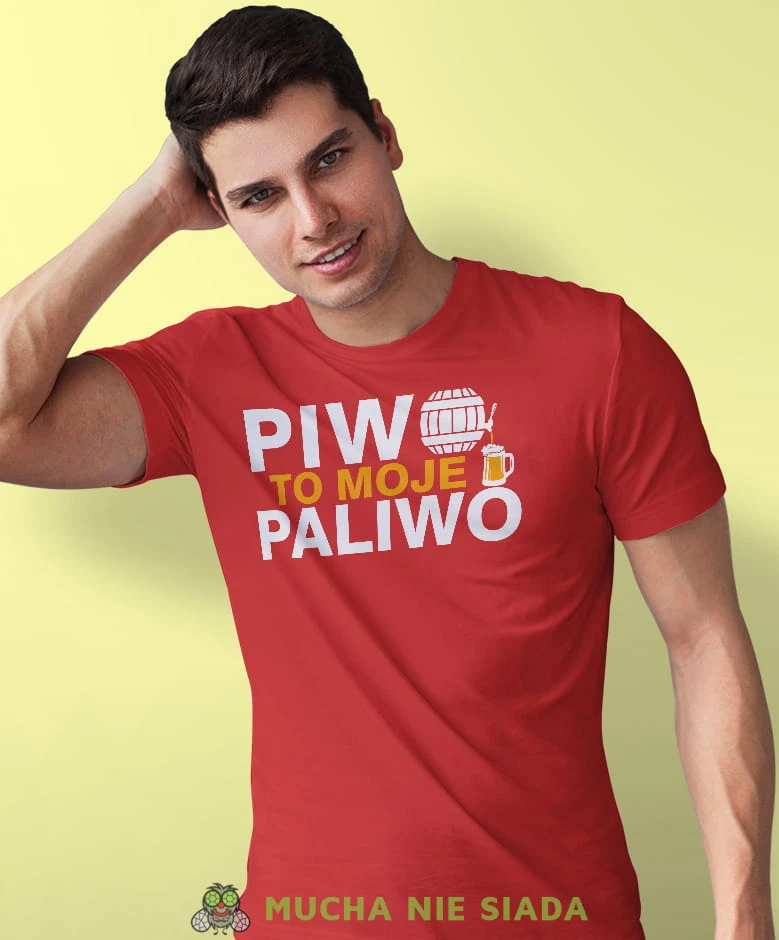 piwo to moje paliwo, czerwona męska koszulka z nadrukiem na co dzień, na prezent, fajna koszulka.jpg