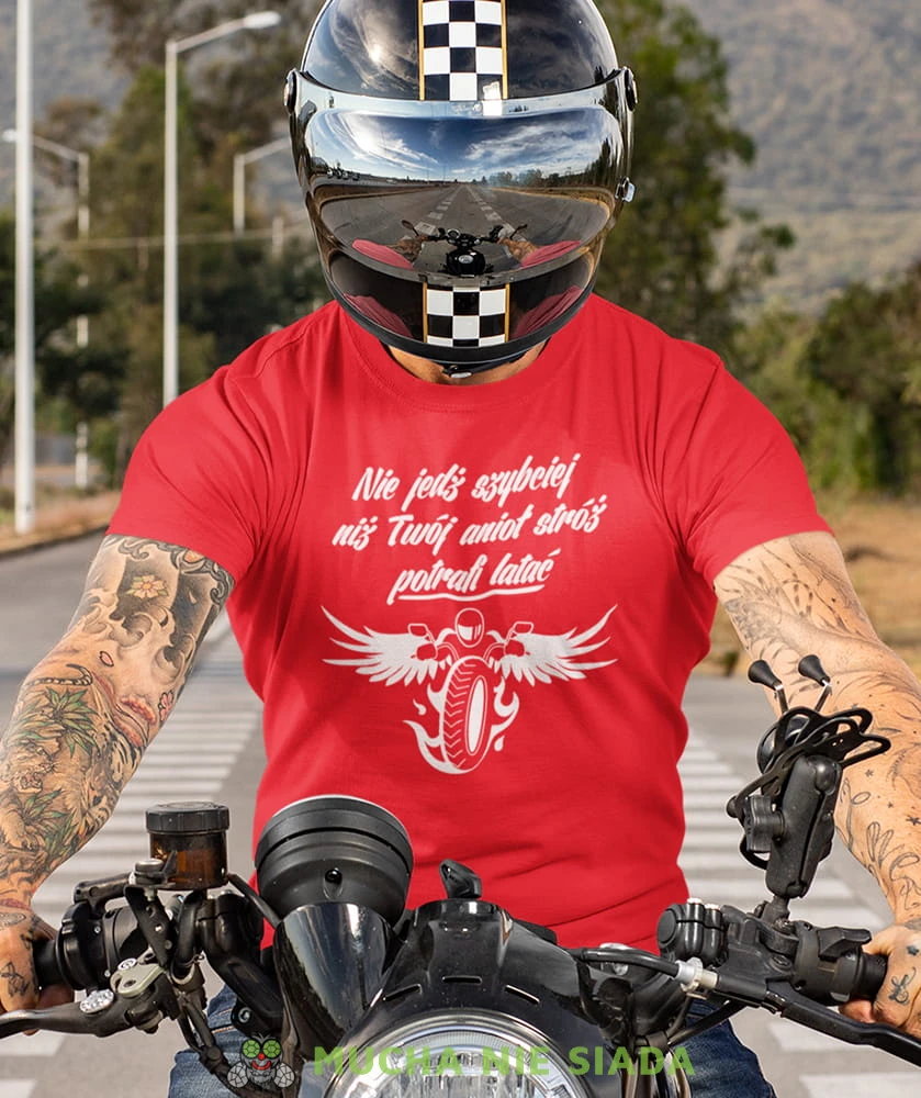 nie jedź szybciej niż Twój anioł stróż potrafi latać czerwona koszulka motocyklowa motocykl motocyklista.jpg