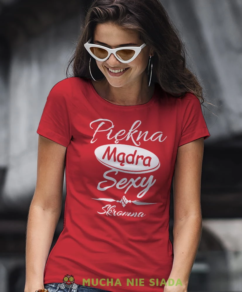 piękna mądra sexy i skromna czerwona damska koszulka z nadrukiem na prezent dla dziewczyny.jpg