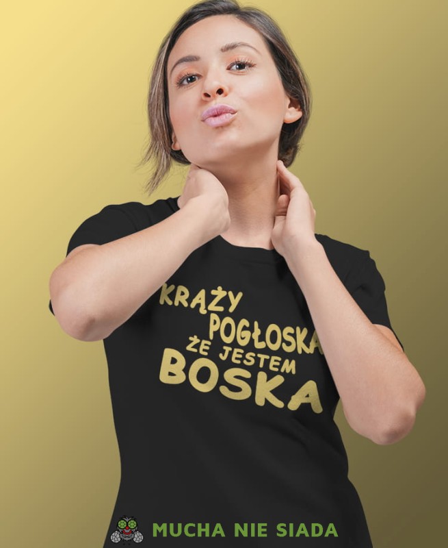 krąży pogłoska że jestem boska czarna damska koszulka z nadrukiem na prezent.jpg