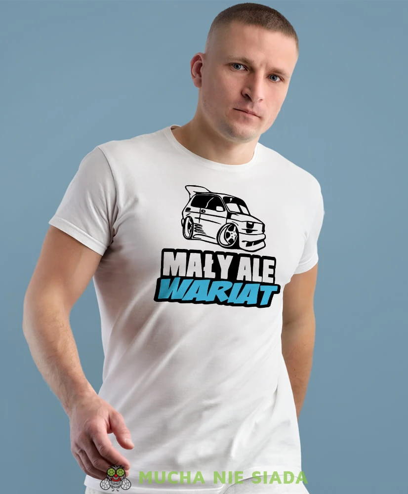 mały ale wariat fiat 126p biała męska koszulka z nadrukiem na co dzień, na prezent, fajna koszulka.jpg