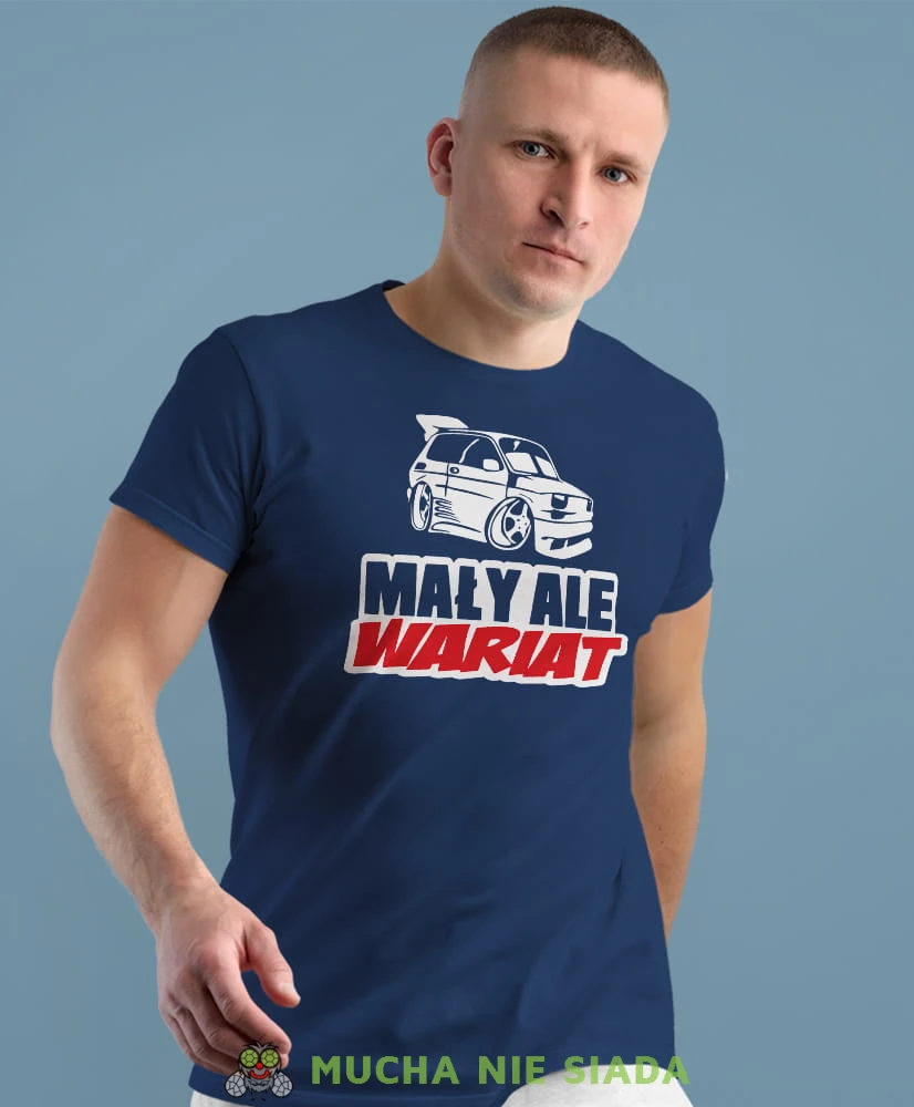 mały ale wariat fiat 126p granatowa męska koszulka z nadrukiem na co dzień, na prezent, fajna koszulka.jpg