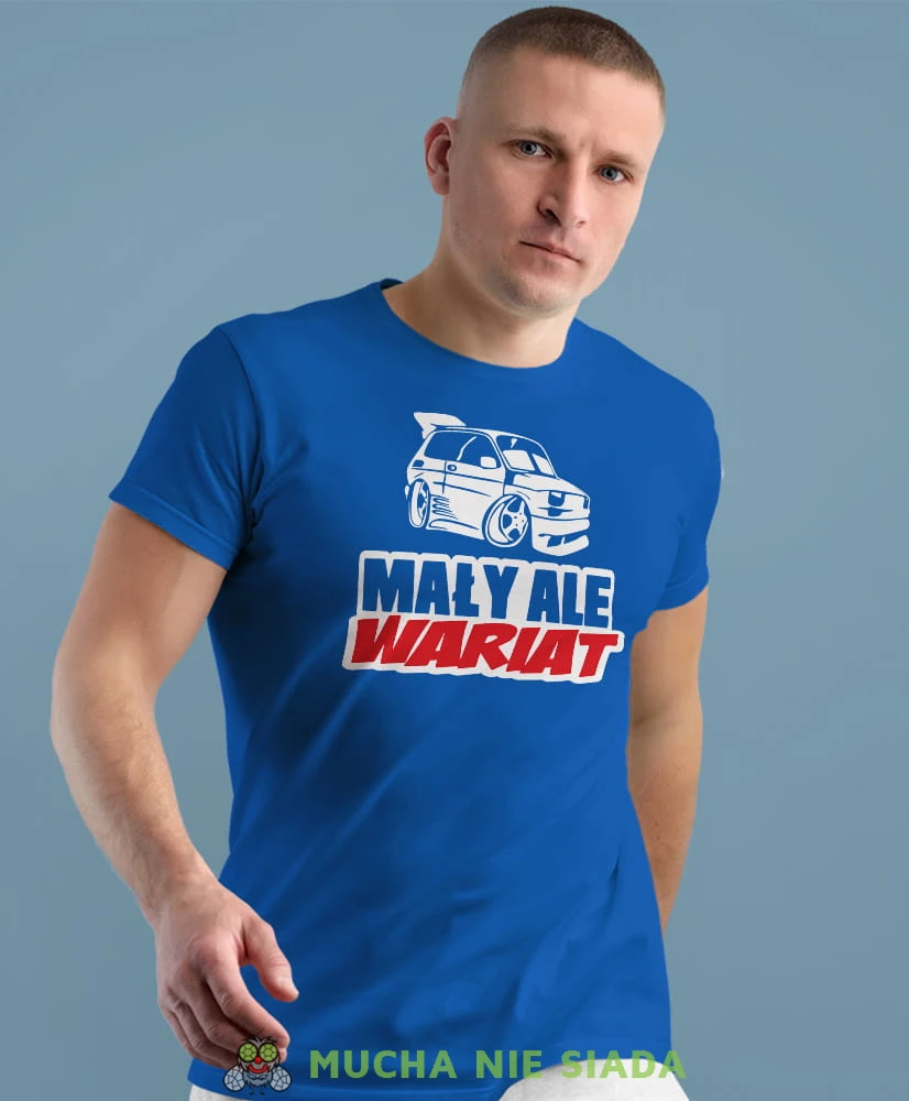 mały ale wariat fiat 126p niebieska męska koszulka z nadrukiem na co dzień, na prezent, fajna koszulka.jpg