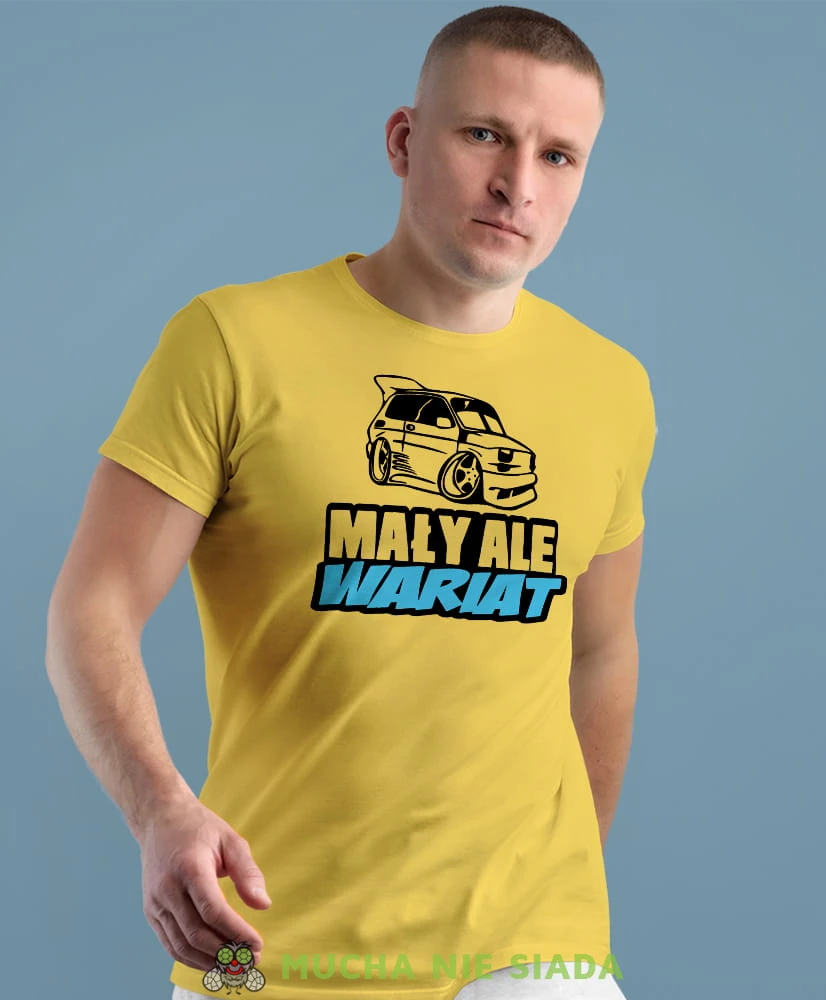 mały ale wariat fiat 126p żółta męska koszulka z nadrukiem na co dzień, na prezent, fajna koszulka.jpg