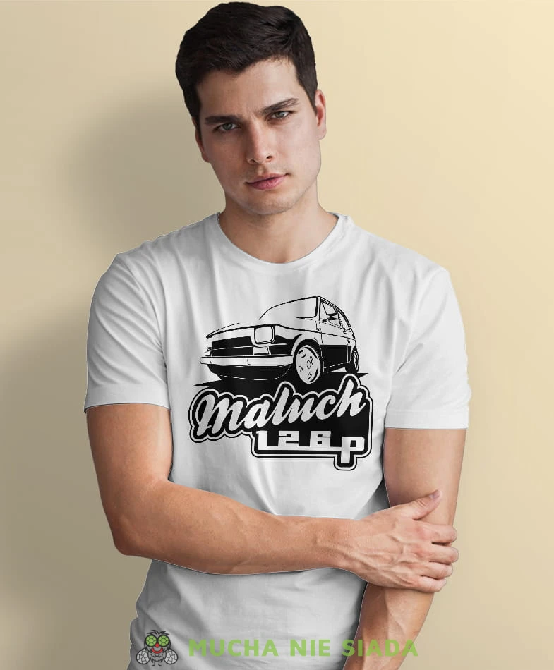 maluch 126p, biała męska koszulka z nadrukiem, na co dzień, na prezent, fajna koszulka, dla chłopaka.jpg