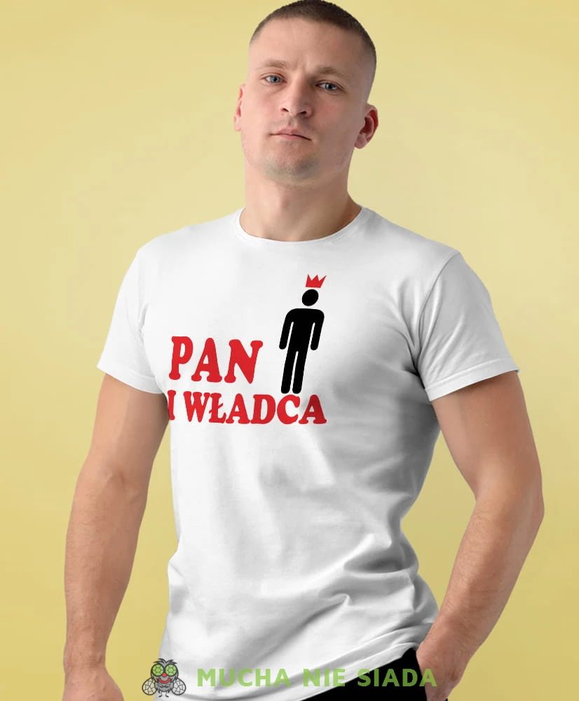 pan i władca biała męska koszulka z nadrukiem na co dzień, na prezent, fajna koszulka, dla chłopaka, dla męża.jpg