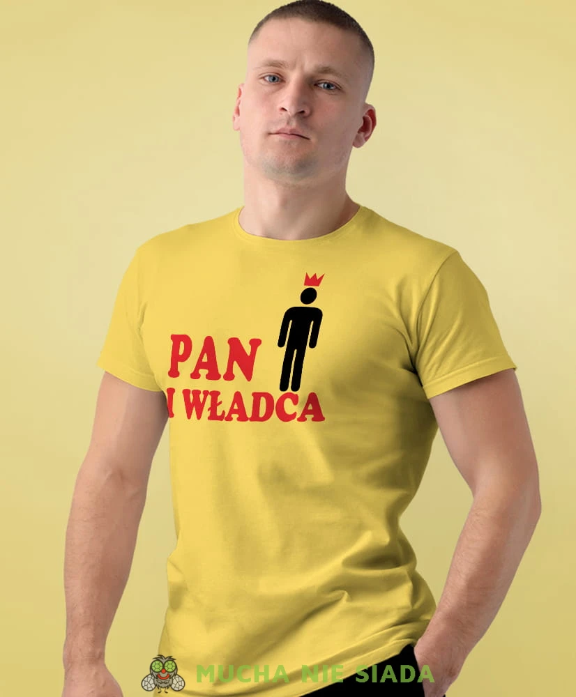 pan i władca żółta męska koszulka z nadrukiem na co dzień, na prezent, fajna koszulka, dla chłopaka, dla męża.jpg