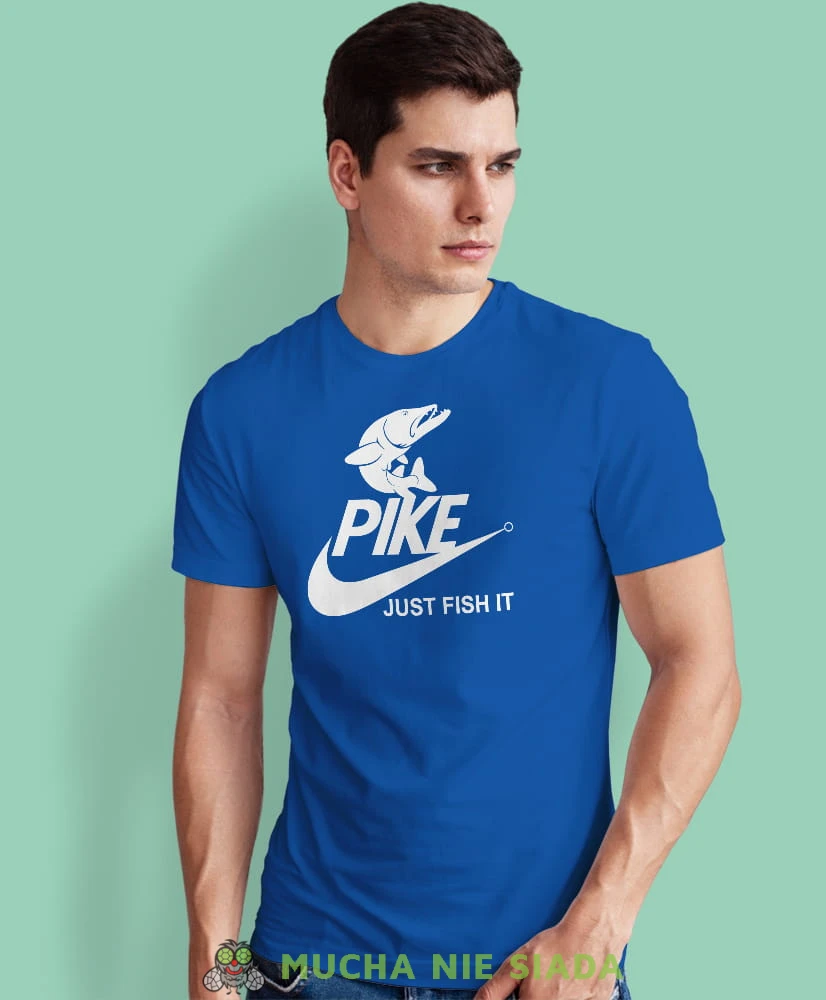 pike just fish it, niebieska męska koszulka z nadrukiem, na co dzień, na prezent, fajna koszulka, dla chłopaka.jpg