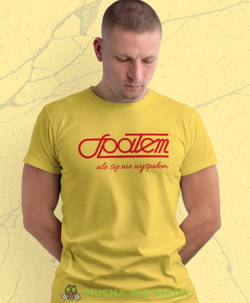 spałem ale się nie wyspałem żółta męska koszulka z nadrukiem na co dzień, na prezent, fajna koszulka.jpg