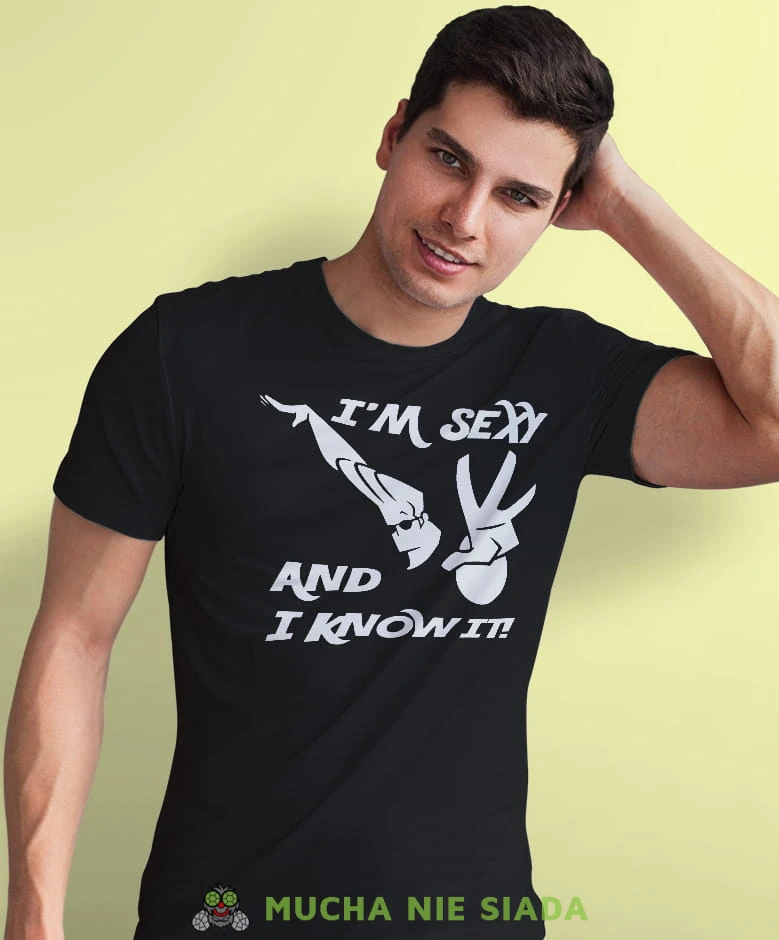 i'm sexy and i know it, czarna męska koszulka z nadrukiem, na co dzień, na prezent, fajna koszulka, dla chłopaka.jpg