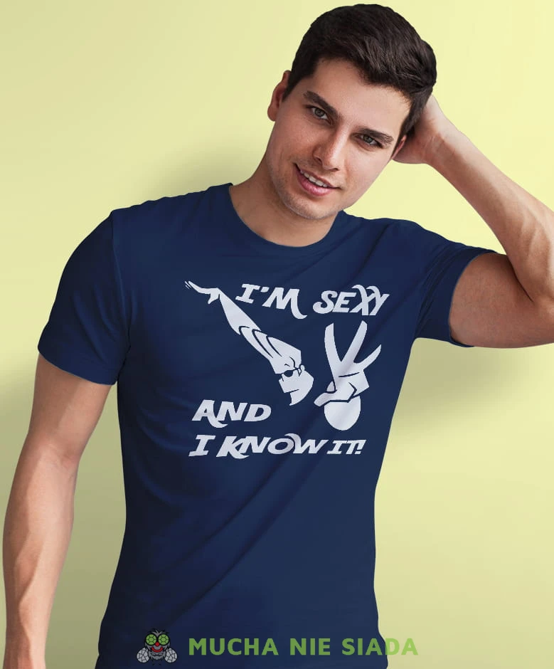 i'm sexy and i know it, granatowa, męska koszulka z nadrukiem, na co dzień, na prezent, fajna koszulka, dla chłopaka.jpg