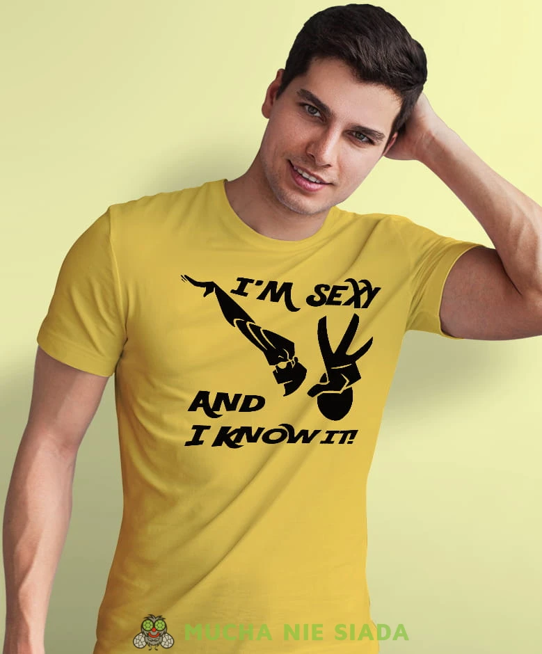 i'm sexy and i know it, żółta, męska koszulka z nadrukiem, na co dzień, na prezent, fajna koszulka, dla chłopaka.jpg
