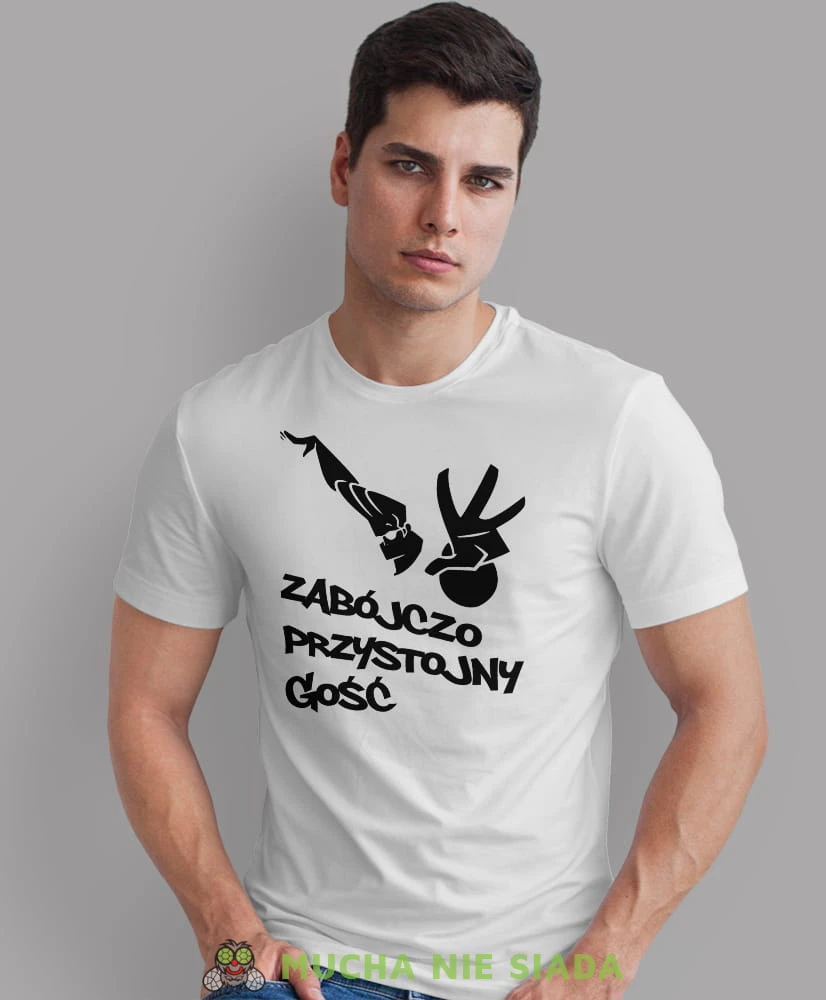 zabójczo przystojny gość biała męska koszulka z nadrukiem na co dzień, na prezent, fajna koszulka dla chłopaka.jpg