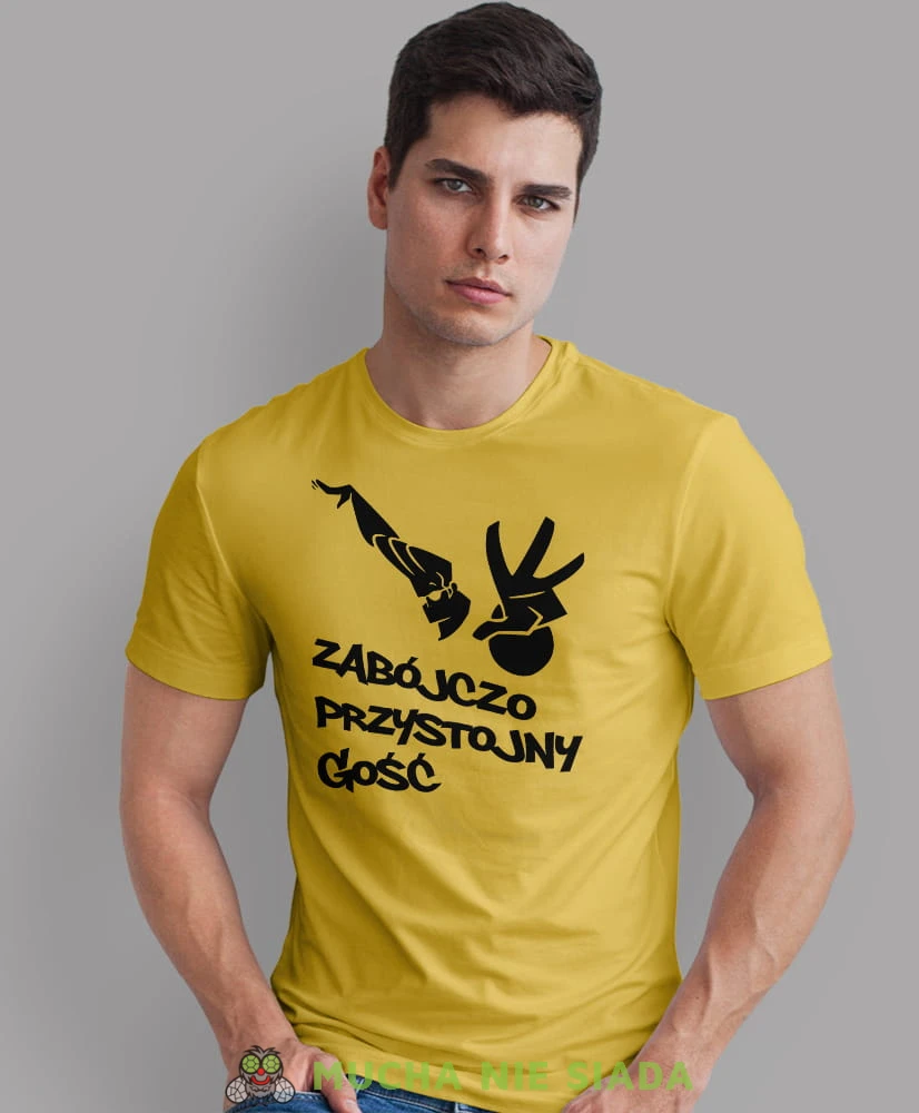 zabójczo przystojny gość żółta męska koszulka z nadrukiem na co dzień, na prezent, fajna koszulka dla chłopaka.jpg
