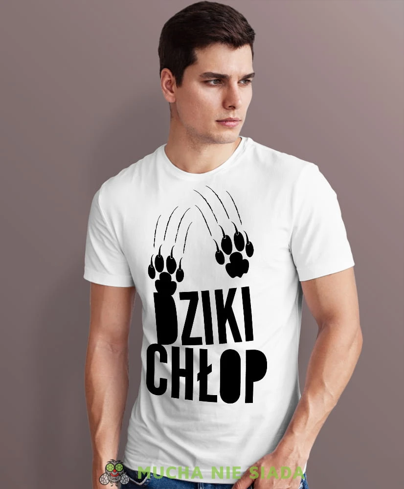dziki chłop biała męska koszulka z nadrukiem na co dzień, na prezent, fajna koszulka.jpg