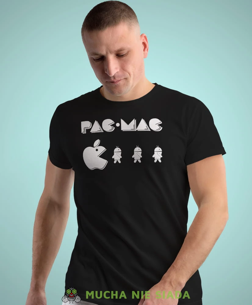 pac mac czarna męska koszulka z nadrukiem na co dzień, na prezent, fajna koszulka dla chłopaka.jpg