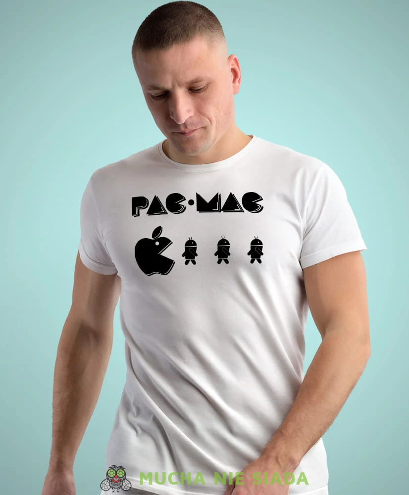 pac mac biała męska koszulka z nadrukiem na co dzień, na prezent, fajna koszulka dla chłopaka.jpg
