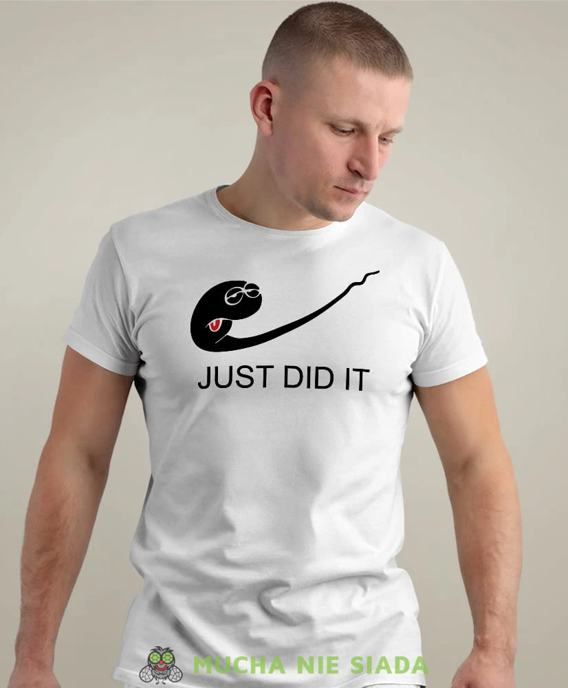 just did it biała męska koszulka z nadrukiem na co dzień, na prezent, fajna koszulka.jpg