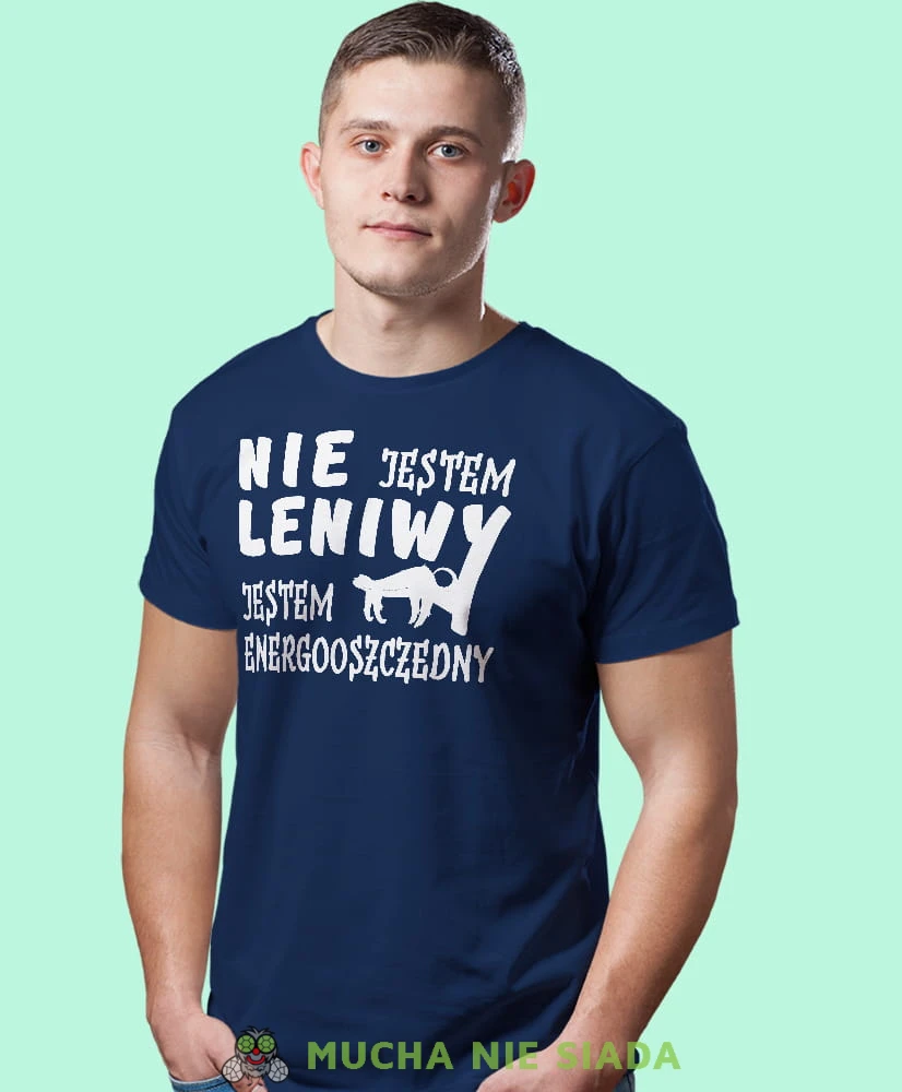 nie jestem leniwy jestem energooszczędny granatowa męska koszulka z nadrukiem na co dzień, na prezent, fajna koszulka.jpg