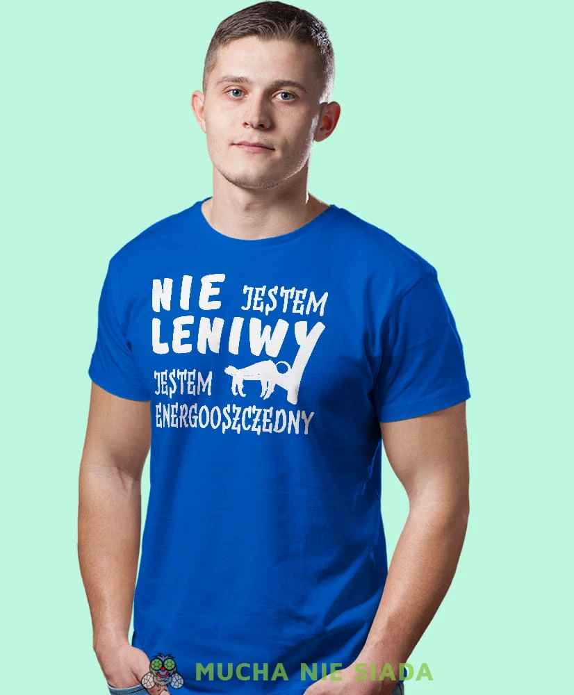 nie jestem leniwy jestem energooszczędny niebieska męska koszulka z nadrukiem na co dzień, na prezent, fajna koszulka.jpg