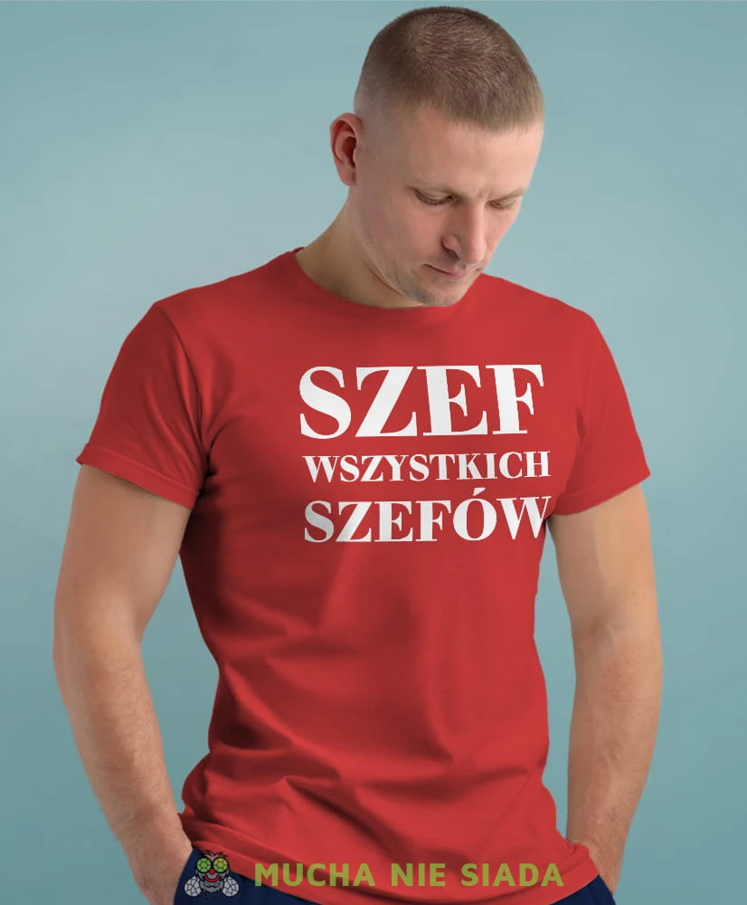 szef wszystkich szefów czerwona męska koszulka z nadrukiem na co dzień, na prezent, fajna koszulka.jpg